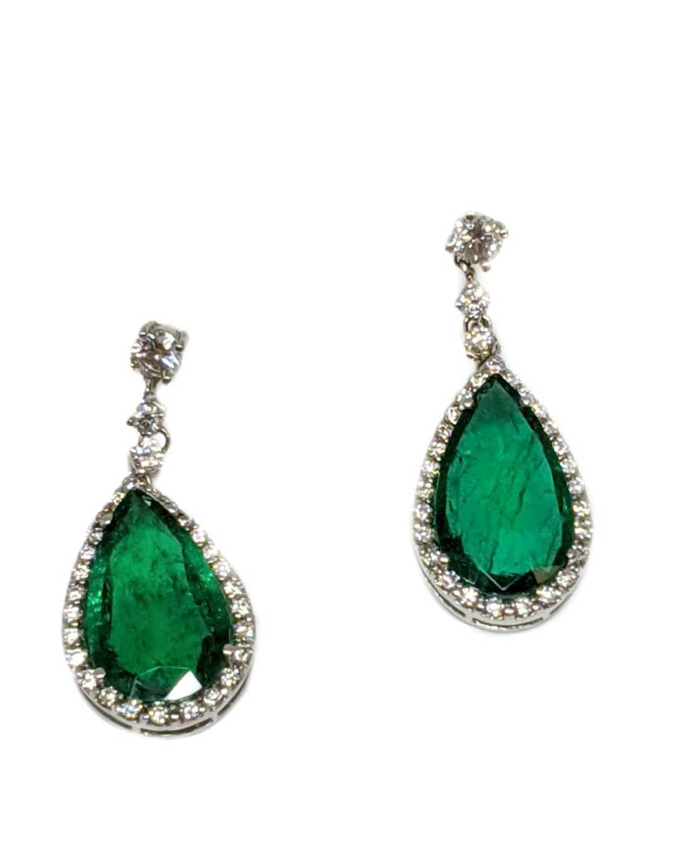 18K White Gold Emerald and Diamond Drop Earrings